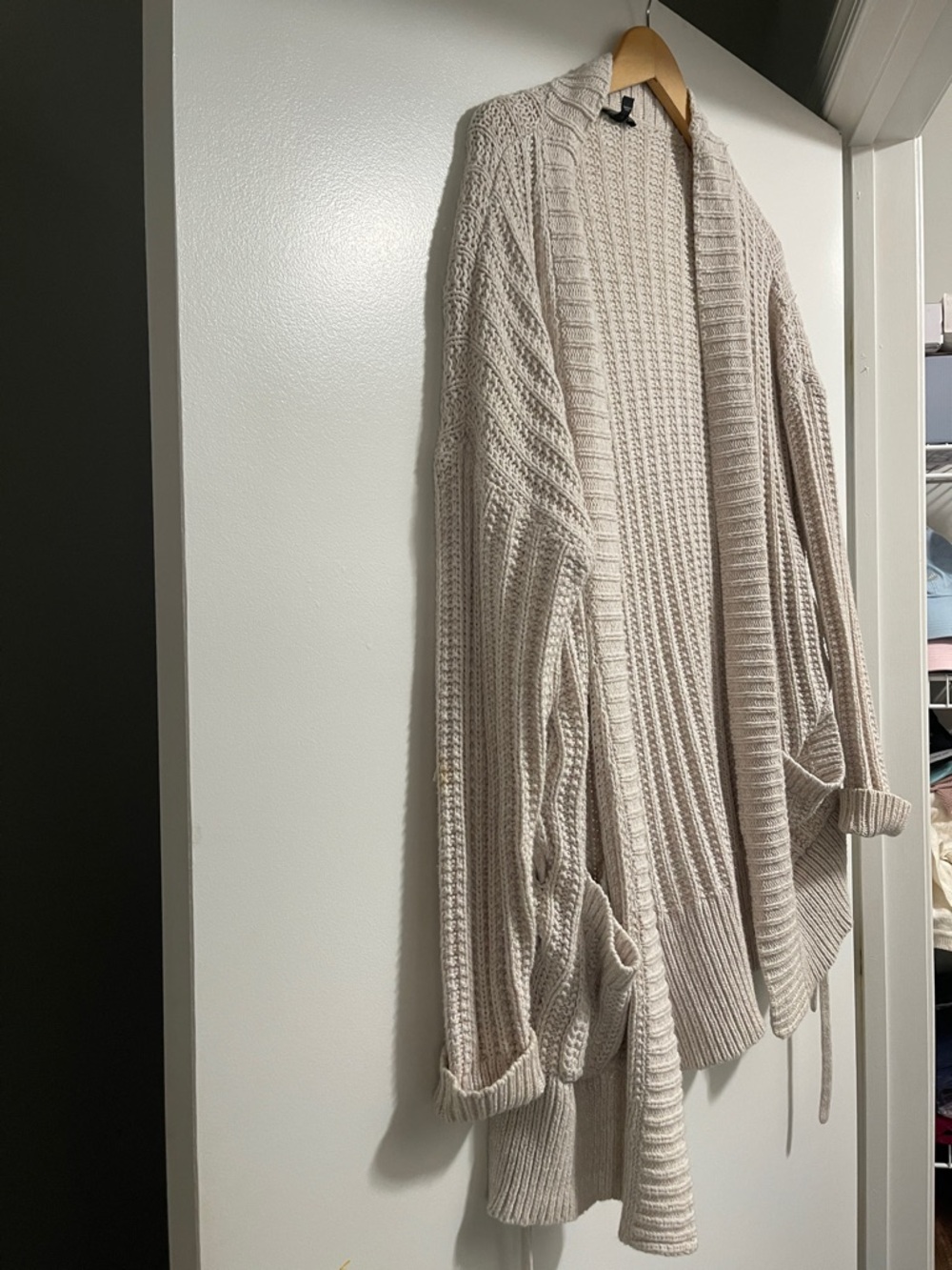 Express Open-Front Ribbed Cardigan Sweater - Light Cream - Picture 5 of 7